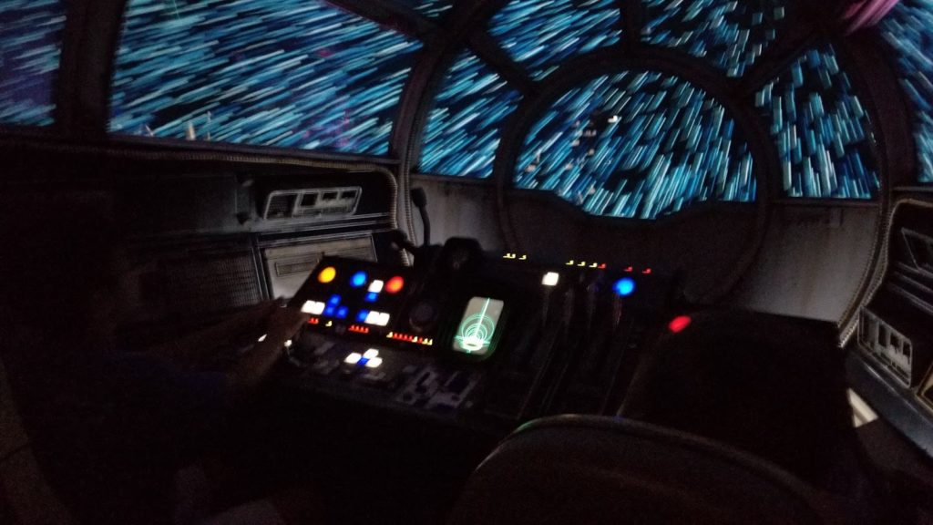 a view from inside the star wars smuggler's run attraction