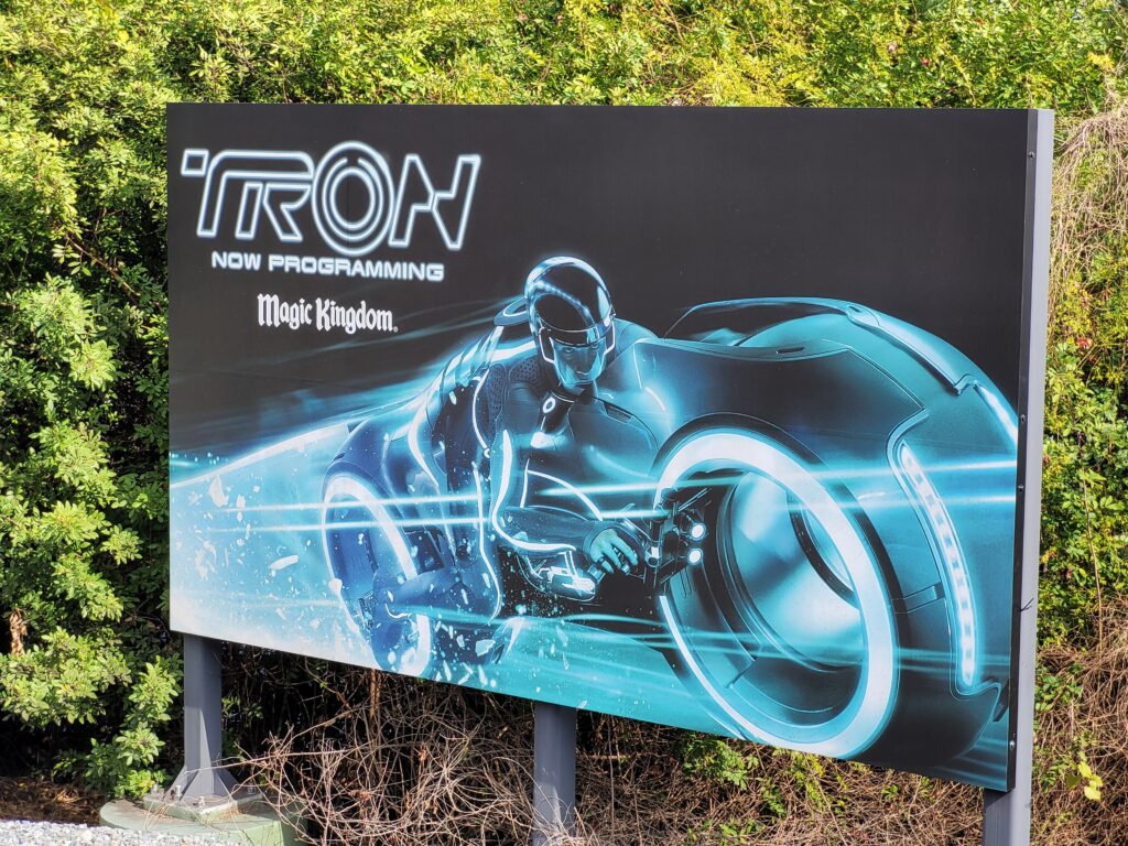 Sign for the upcoming Tron ride at Magic Kingdom