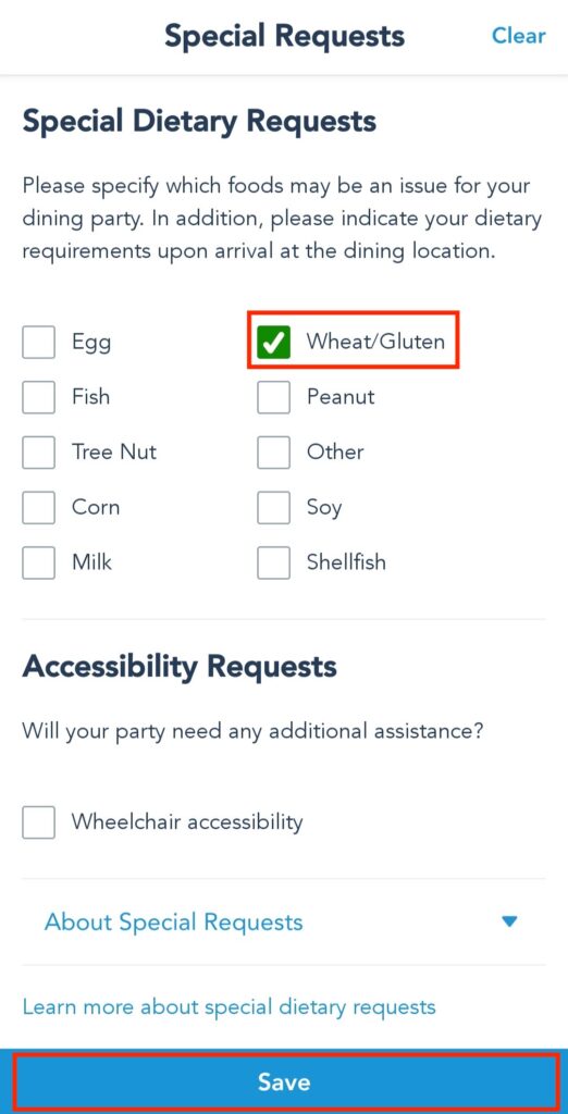 Add a Food Allergy or Request to Dining Reservation at Disney World
