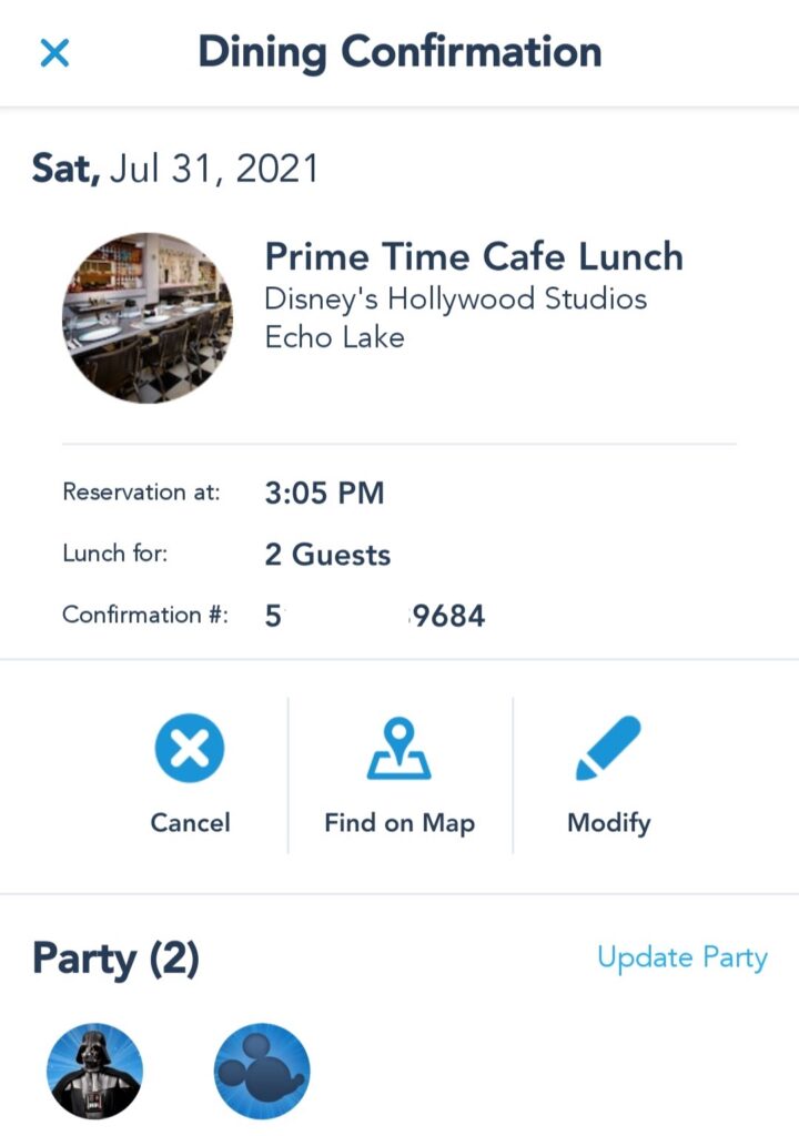 Dining Confirmation Page - Modify, Cancel, or View Dining Location on Map