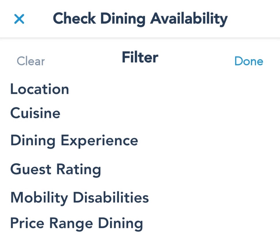 Dining Reservations Filtering Options