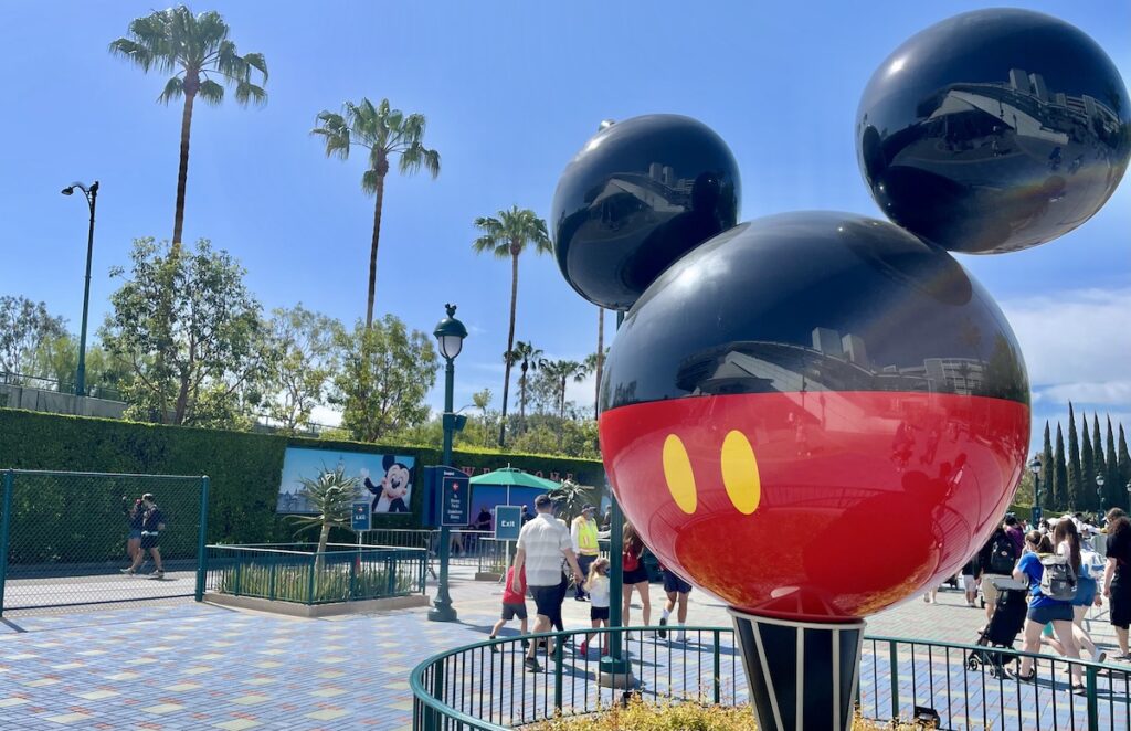 Mickey Mouse Globe sculpture outside of Mickey and Friends parking structure at Disneyland.