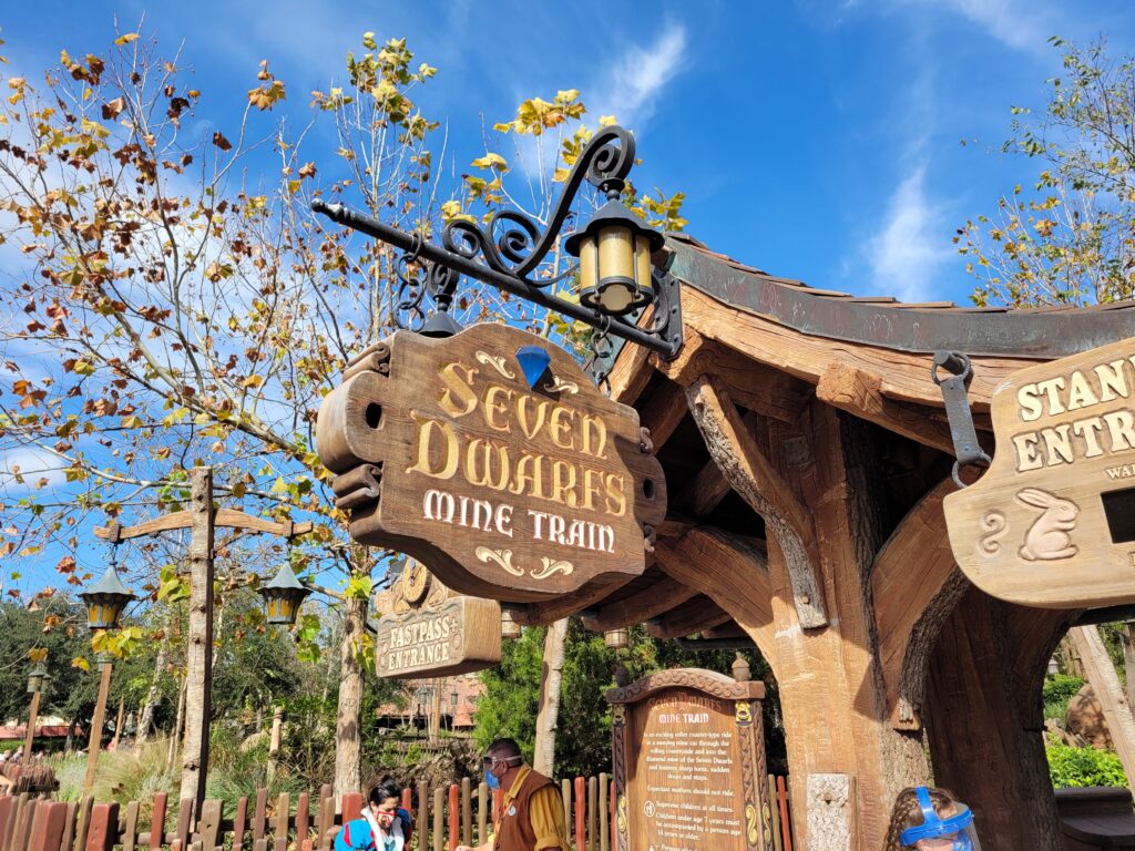 Seven Dwarfs Mine Train entrance sign at Disney's Magic Kingdom