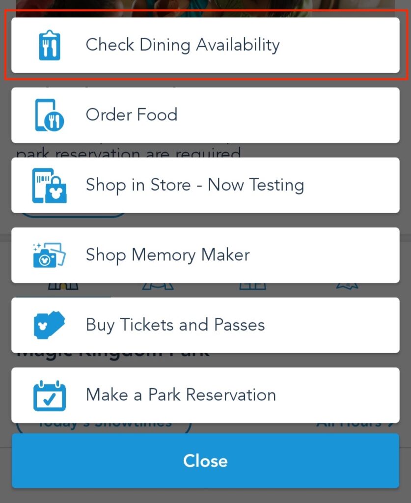 Tap the “Check Dining Availability” Button