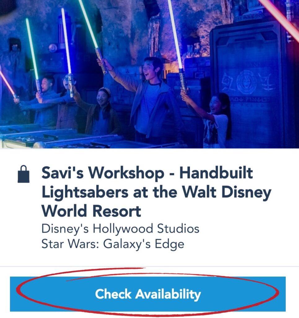 Reservas de Savi's Workshop en la aplicación My Disney Experience