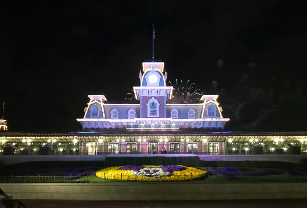 Entrance to Magic Kingdom at night.