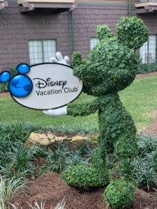 Topiario de Mickey Mouse con cartel de Disney Vacation Club