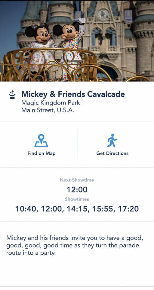 Los horarios de Mickey & Friends Cavalcade ahora están presentes en la aplicación My Disney Experience