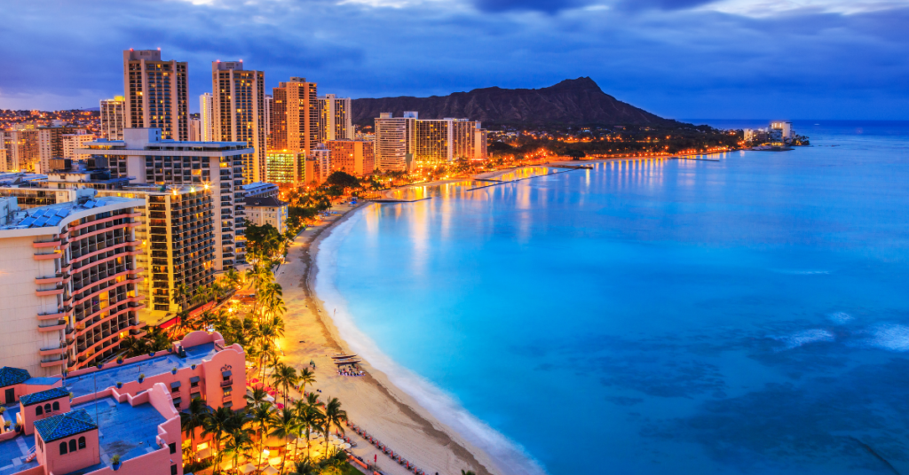 Honolulu at night, day trip from DVC Aulani