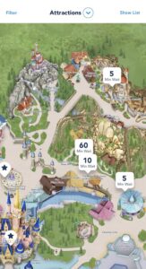 See Attraction Wait Times on My Disney Experience App.