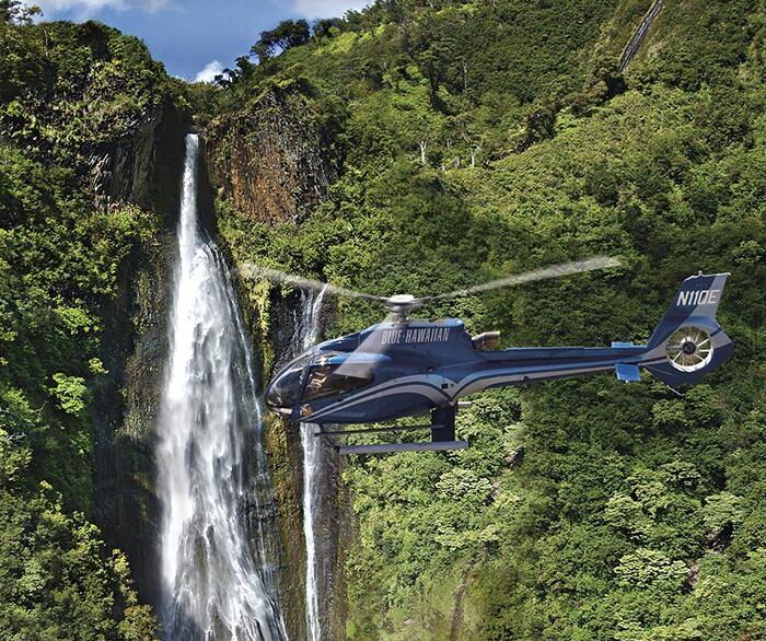 Helicopter Tour viewing waterfall, Oahu, Hawaii