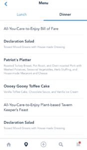 My Disney Experience dining location menu
