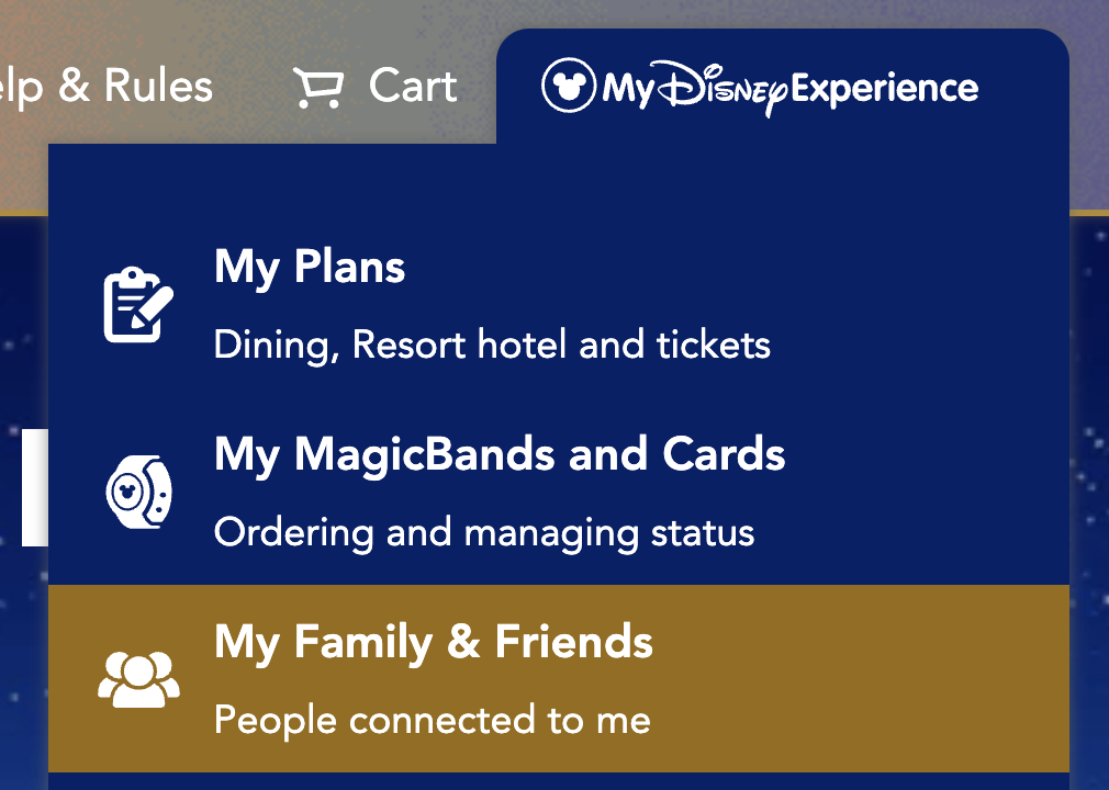 Family & Friends page of the Disney World Website