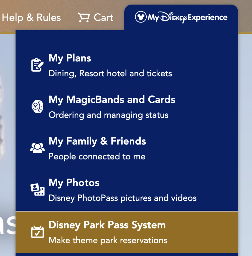Park Pass System page of the Disney World Website