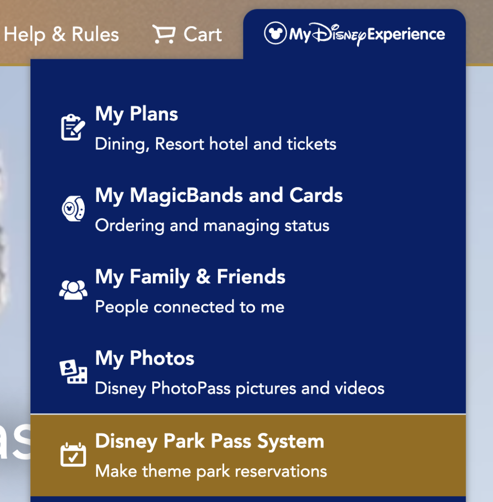 Página del sistema Park Pass del sitio web de Disney World