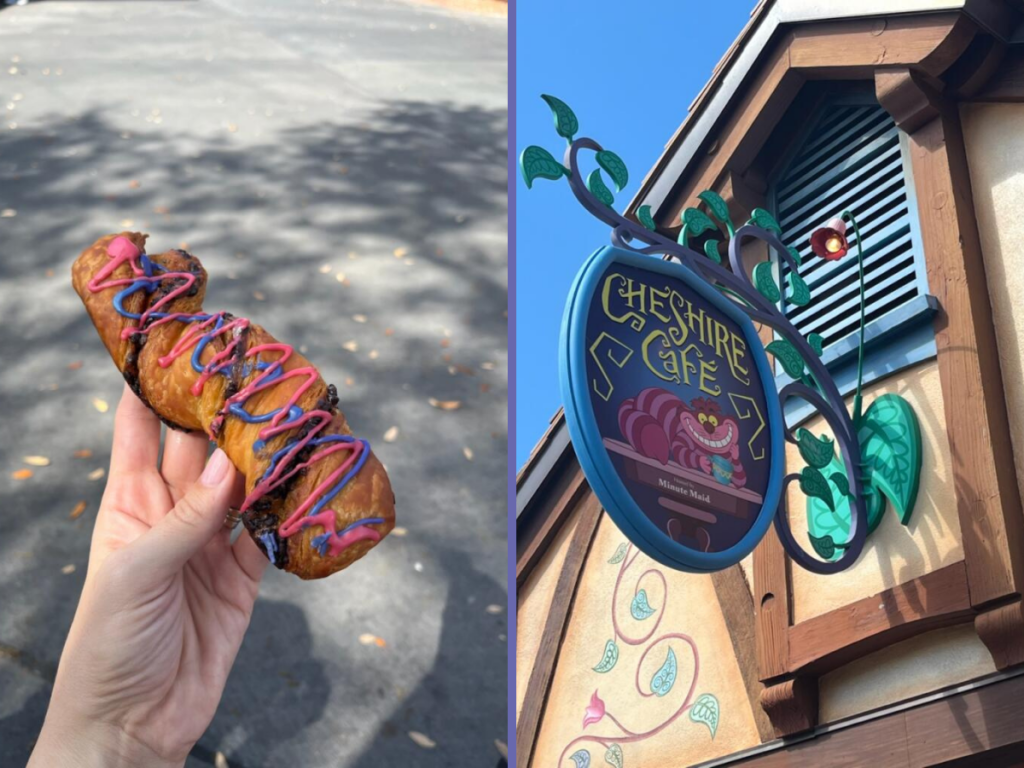 A pink and purple chocolate drizzled Cheshire Cat Tail in Magic Kingdom.