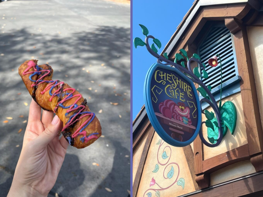 Una cola de gato de Cheshire rociada con chocolate rosa y morado en Magic Kingdom.