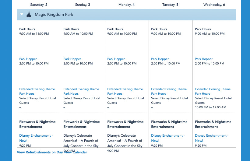 Magic Kingdom calendar for the week of Fourth of July