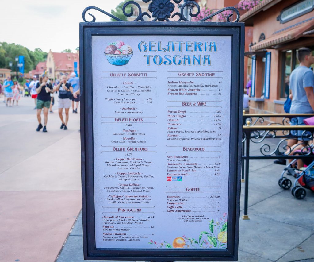 Carta de EPCOT Gelatería Toscana