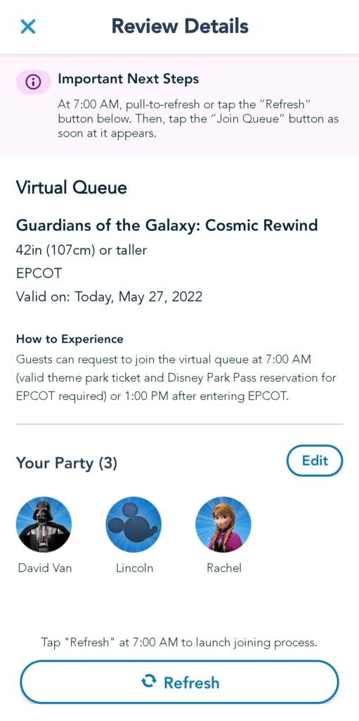 Refresh Button - Cosmic Rewind Virtual Queue