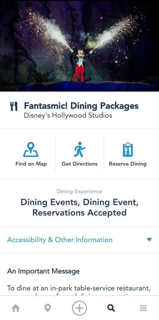 Fantasmic! Dining Package page in My Disney Experience App