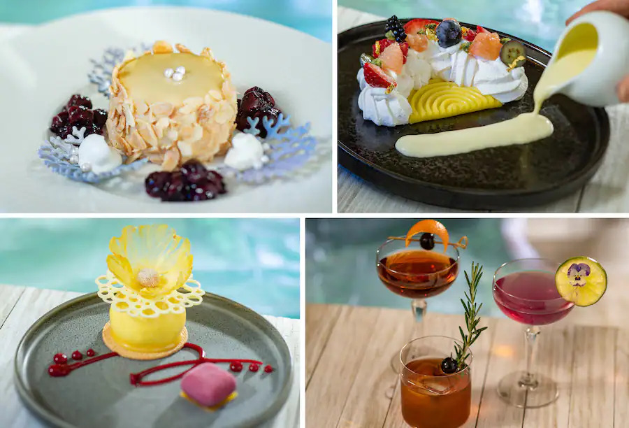 Cheesecake con costra de almendras, Berry Pavlova, Pineapple Bavarois y bebidas de Narcoossee's