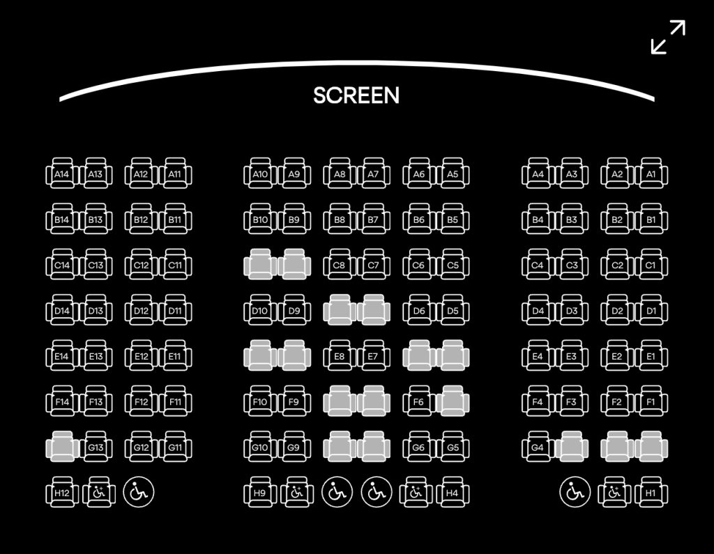 Diagrama de asientos para un teatro con cena en Disney Springs AMC.