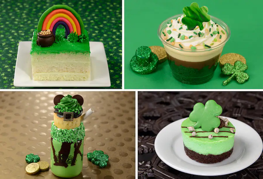 St Patrick's Day 2023 - St. Patrick’s Day Cake, St. Patrick’s Day Parfait, Mickey Shamrock Milkshake, Mint Chocolate Chip Cheesecake