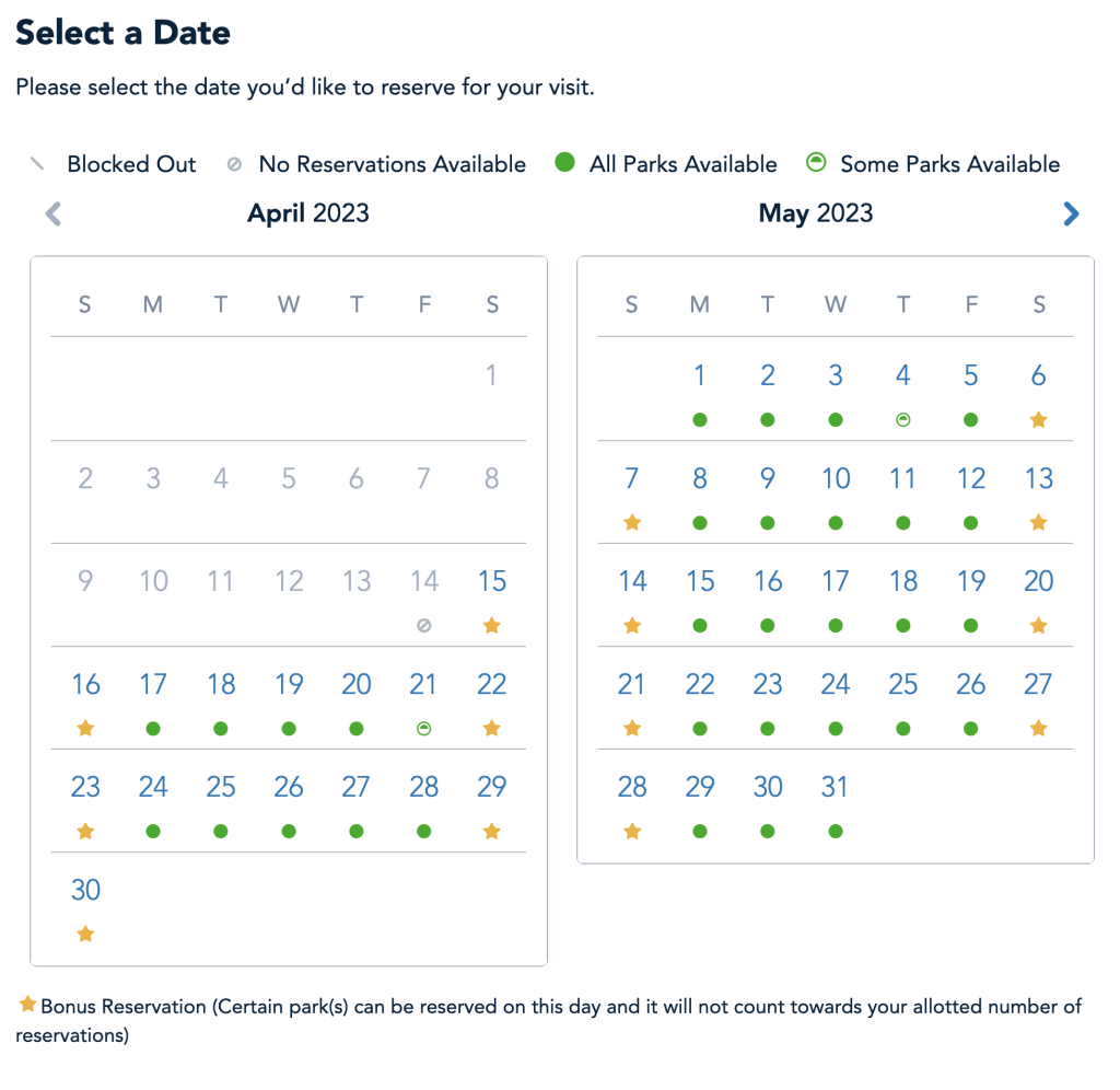 Reservas de bonificación de Disney World Park Pass abril y mayo de 2023