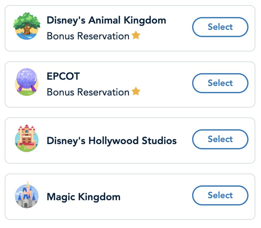 Reservas de bonificación de EPCOT y Animal Kingdom