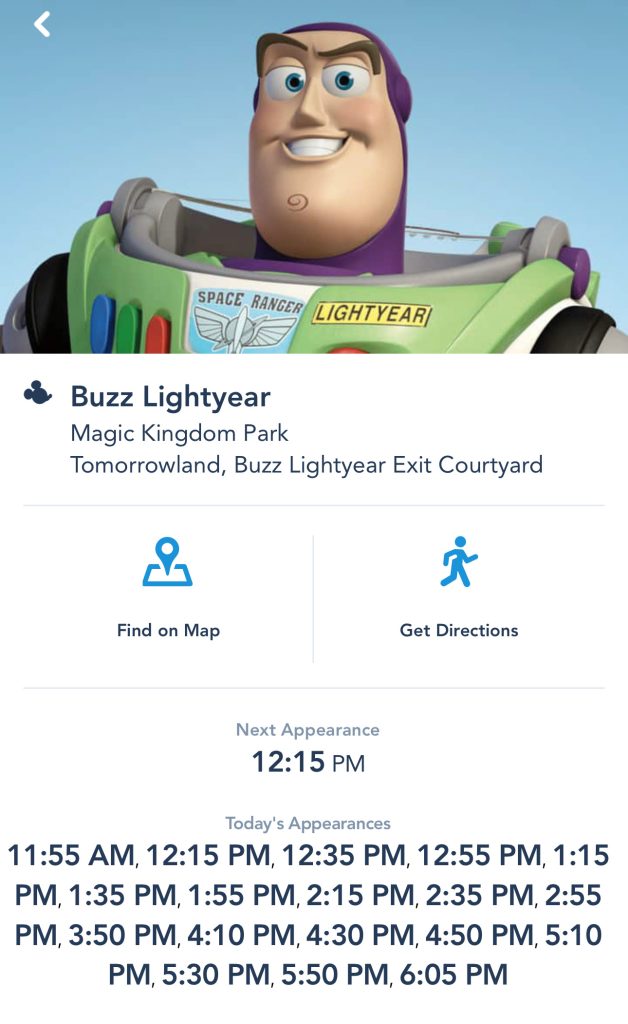 Showtimes for Buzz Lightyear’s meet & greet