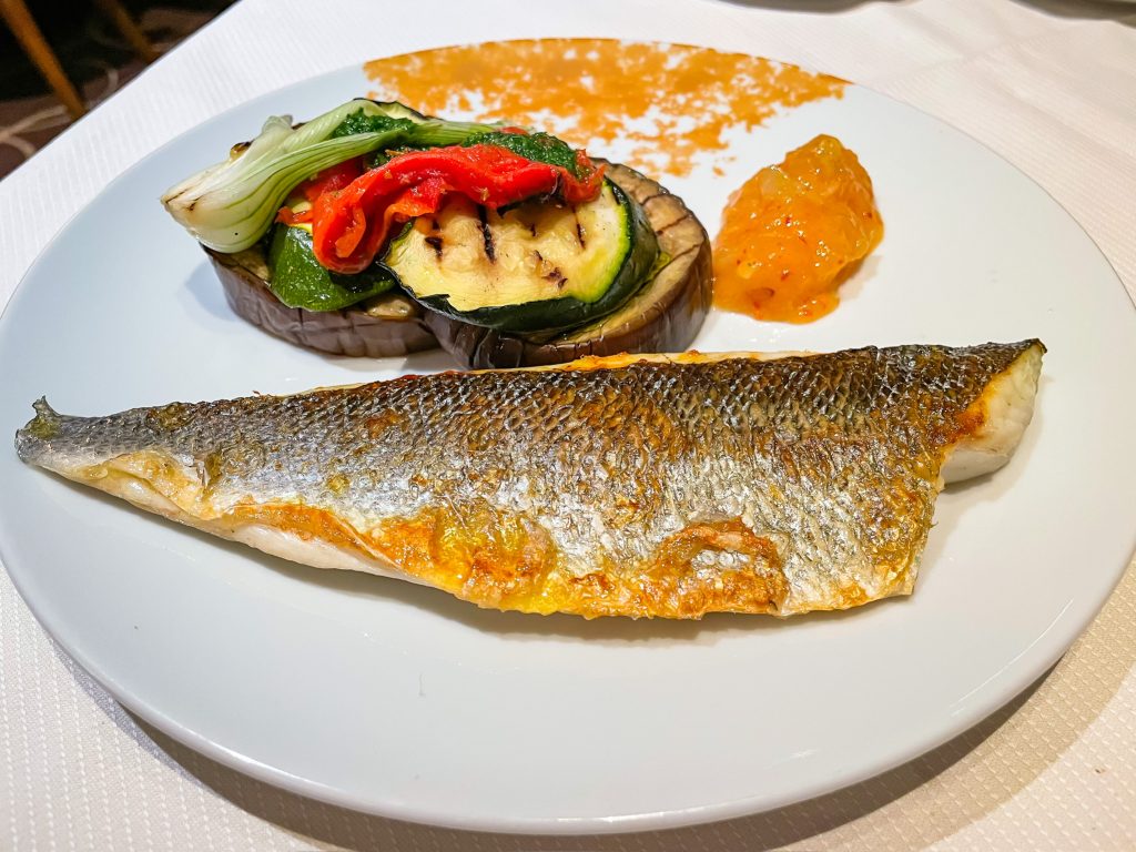 Griddled Sea Bass Fillet, Grilled Seasonal Vegetables, and Lemon Compote