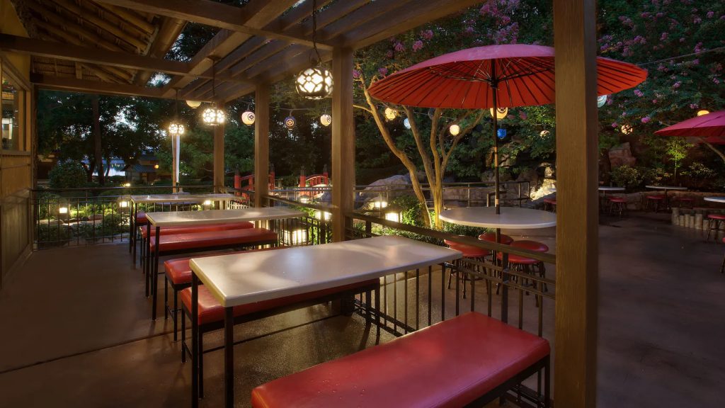 Lighted outdoor seating at Katsura Grill