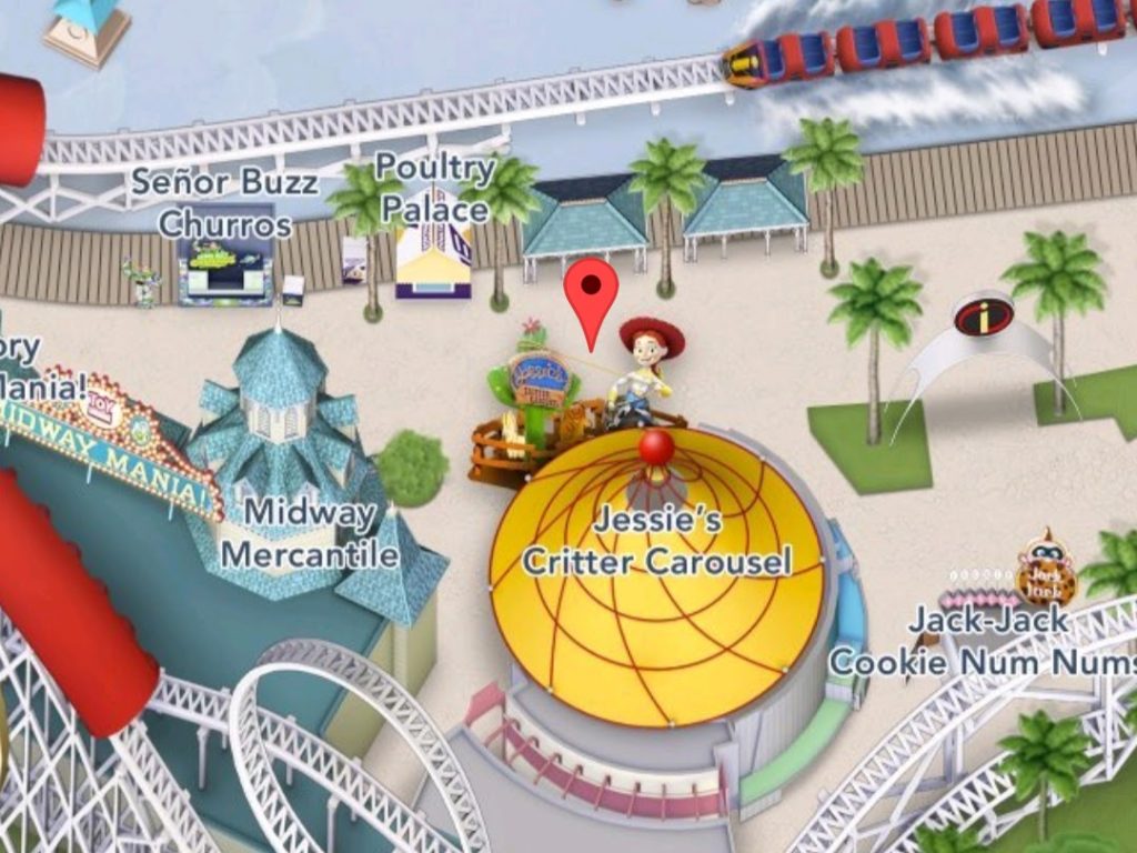 Dónde encontrar el carrusel de criaturas de Jessie en California Adventure