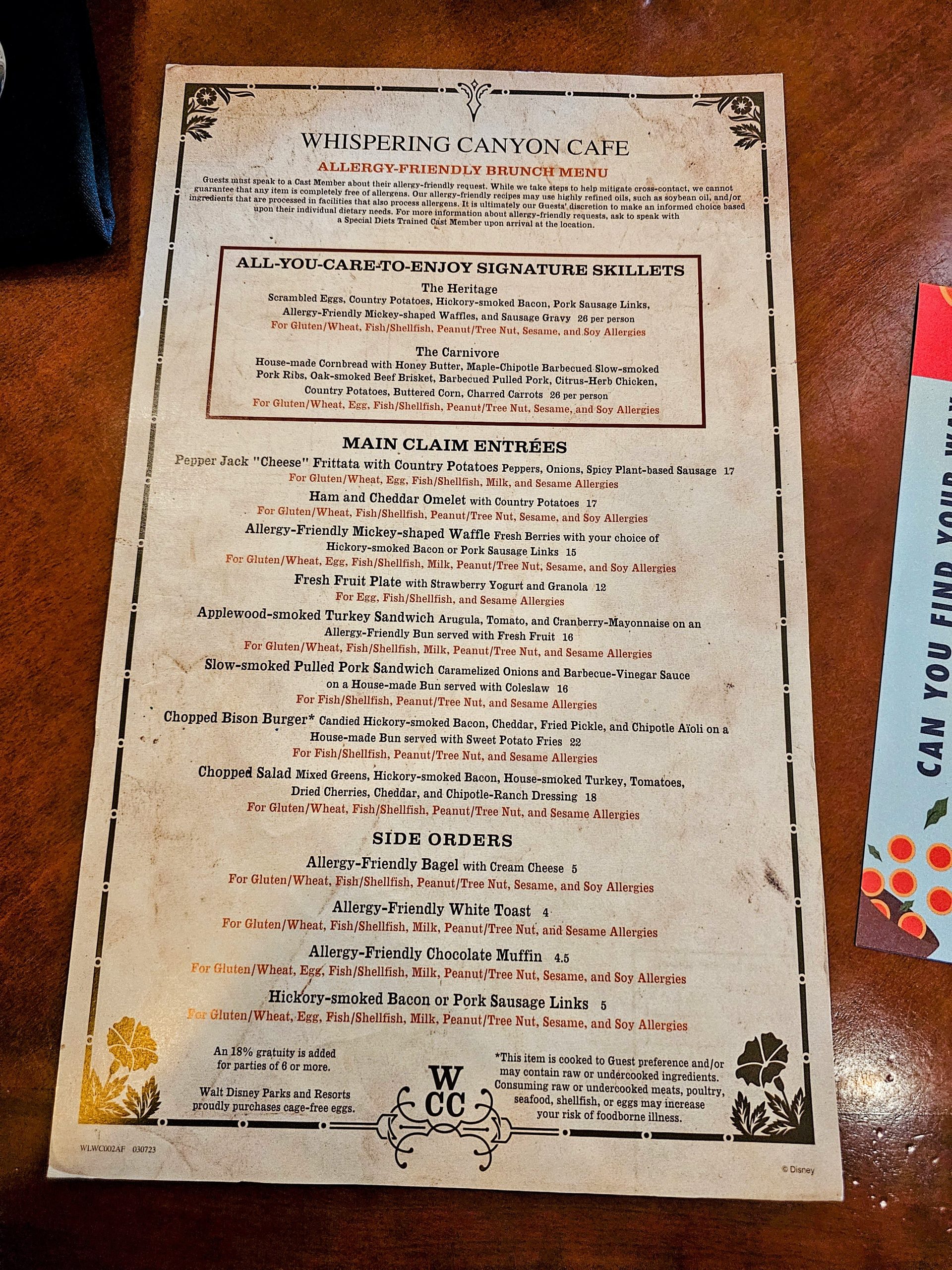 Allergy-Friendly Menu - Whispering Canyon Cafe