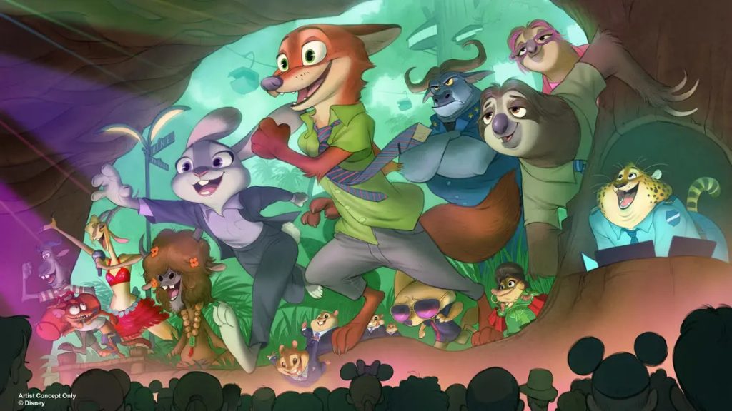 Representación del artista del espectáculo Zootopia: teatro Tree of Life en el parque temático Disney's Animal Kingdom