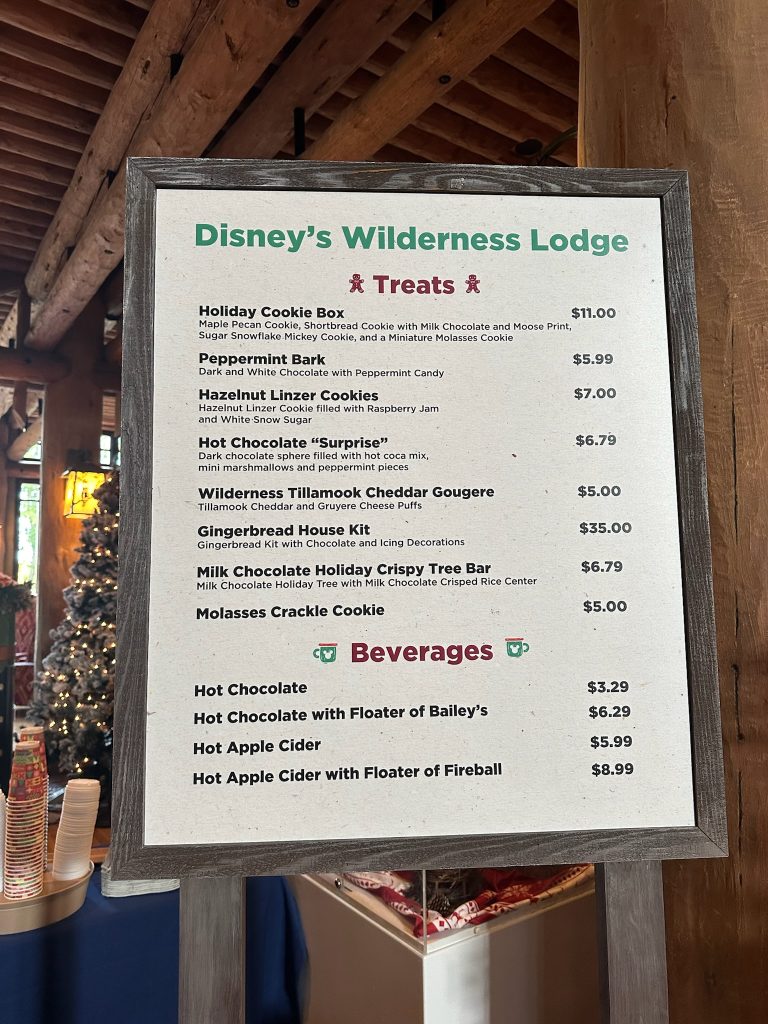 Holiday pop-up shop menu at Disney’s Wilderness Lodge