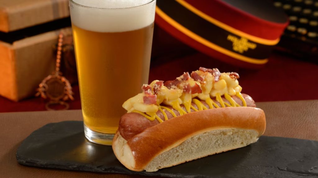 bacon macaroni & cheese hot dog and beer from Dockside Diner