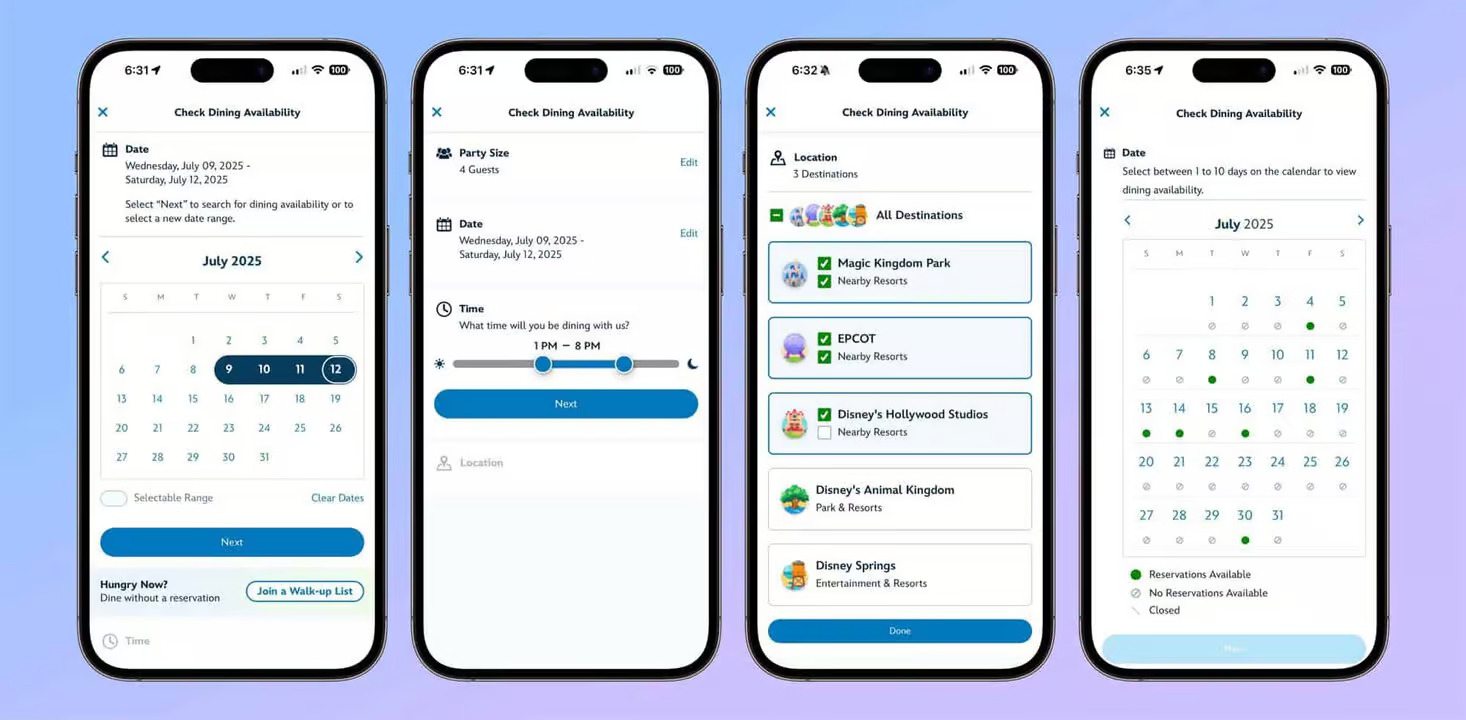 Dining Reservation on My Disney Experience App