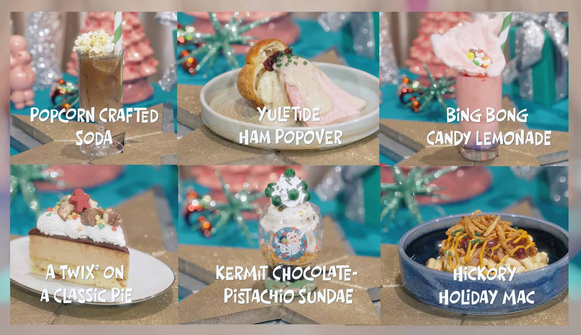 Collage of six previewed food and drink items for Disney Jollywood Nights 2026 including Popcorn Crafted Soda, Yuletide Ham Popover, Bing Bong Candy Lemonade, A Twix on a Classic Pie, Kermit Chocolate-Pistachio Sundae, and Hickory Holiday Mac